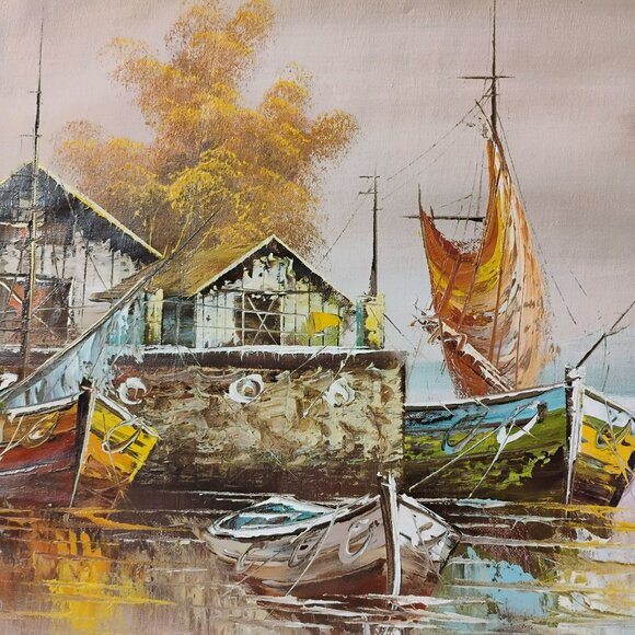 Vintage Original Oil Painting Harbor Scene & Boats Wood Frame Signed Bloom 21x17 - Picture 2 of 8